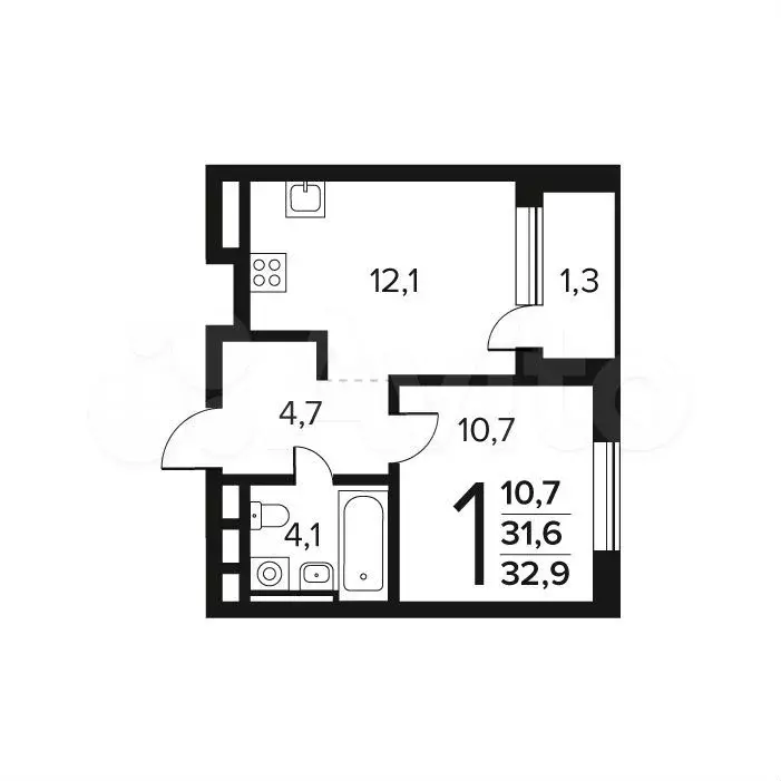 1-к. квартира, 32,9 м, 4/9 эт. - Фото 0