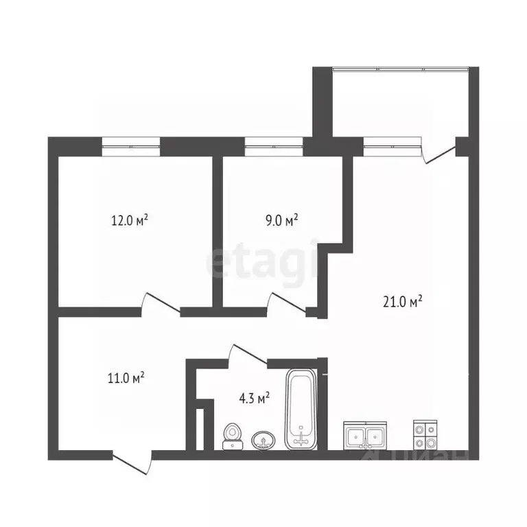2-к кв. Тюменская область, Тюмень Профсоюзная ул., 61 (56.0 м) - Фото 2