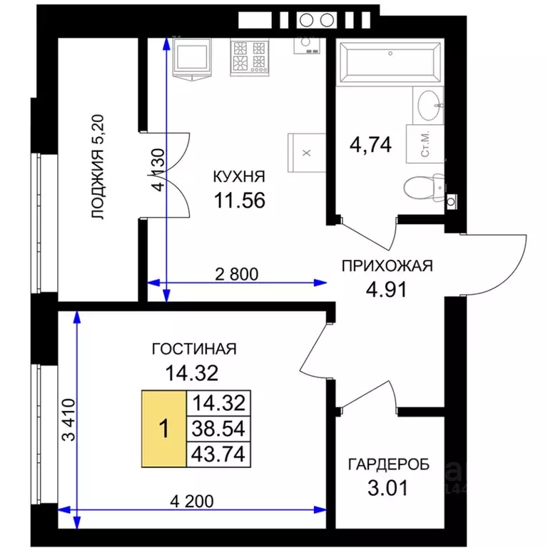 1-к кв. Калининградская область, Гурьевск Включи жилой комплекс (43.74 ... - Фото 0