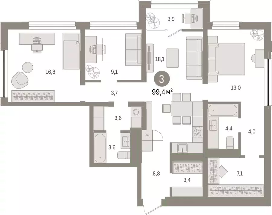 3-комнатная квартира: Тюмень, Мысовская улица, 26к1 (99.44 м) - Фото 1