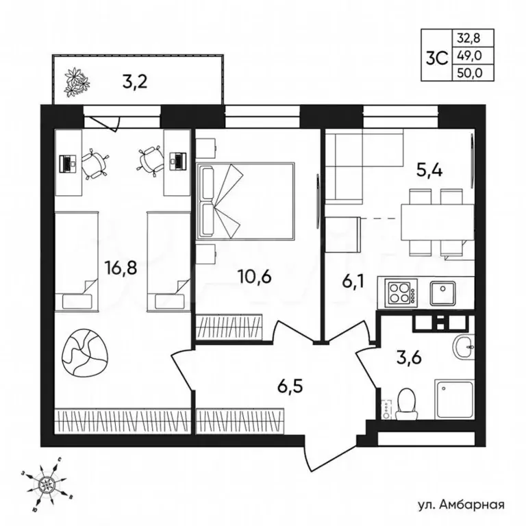 3-к. квартира, 50м, 3/9эт. - Фото 1