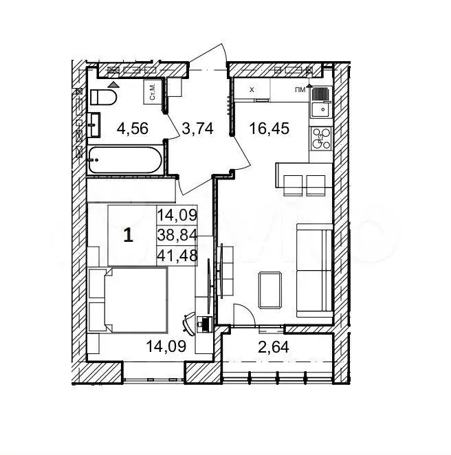 1-к. квартира, 41,5 м, 1/9 эт. - Фото 1