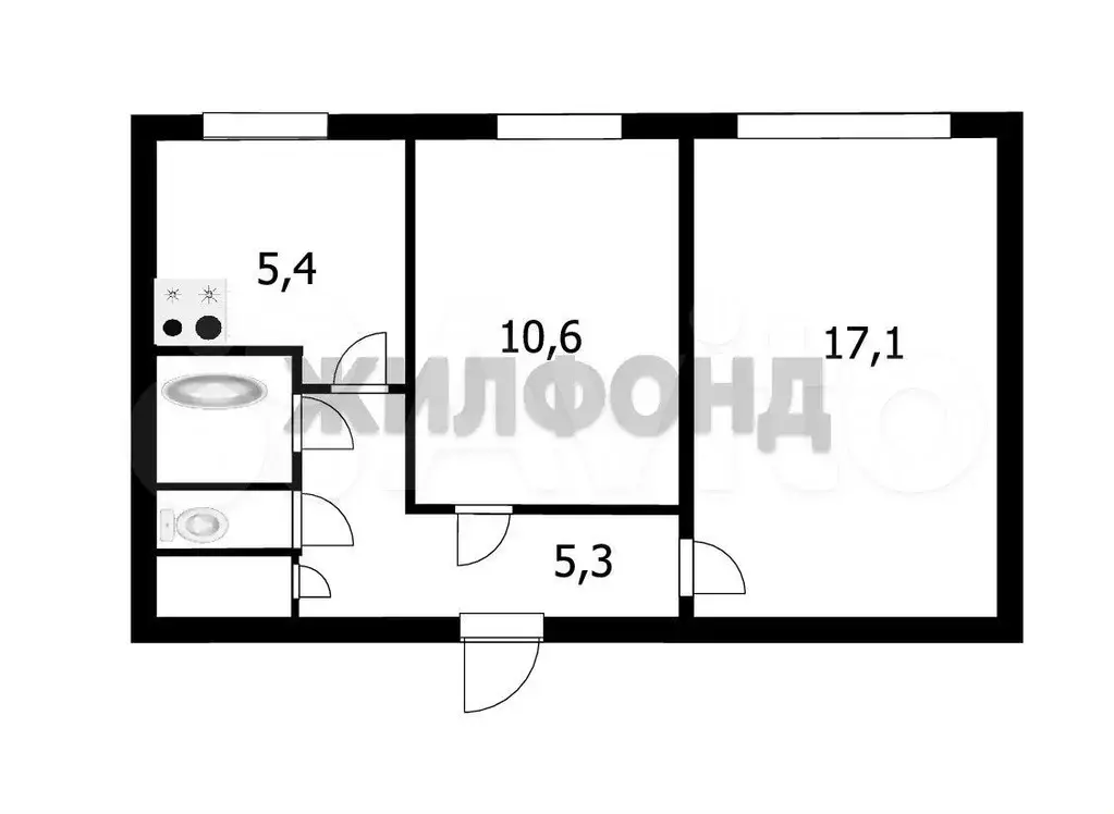 2-к. квартира, 43,4 м, 1/5 эт. - Фото 0