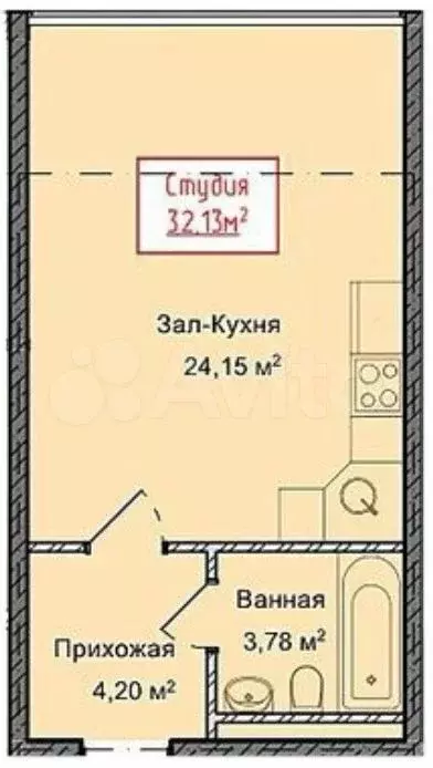 Квартира-студия, 32,1 м, 6/13 эт. - Фото 1