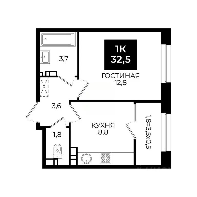 1-к кв. Ставропольский край, Ставрополь ул. Южный обход, 65к1 (32.5 м) - Фото 0