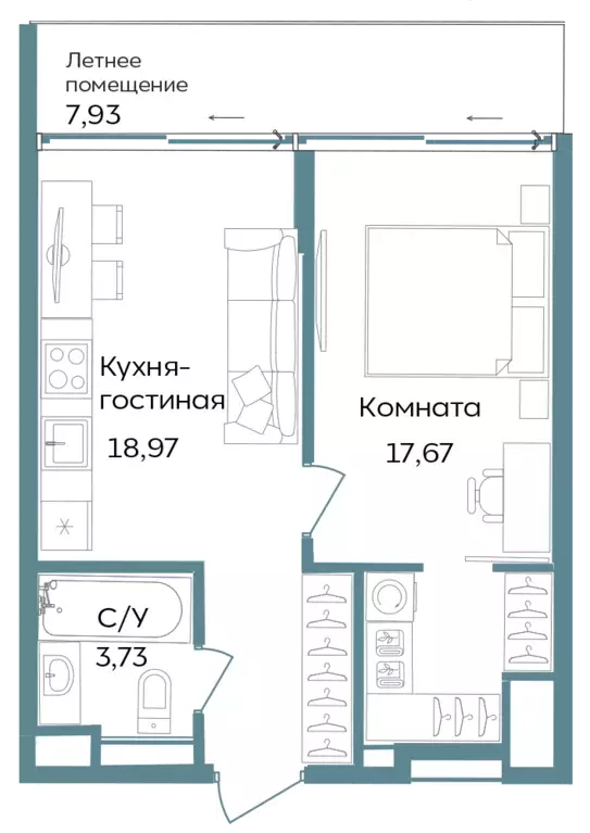1-к квартира, 48.3 м - Фото 0