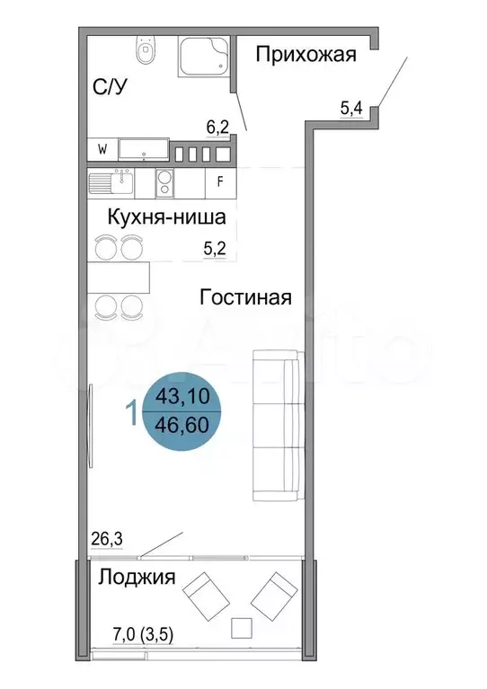 1-к. квартира, 46,6 м, 2/4 эт. - Фото 0