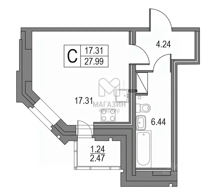 Студия Санкт-Петербург Коломяжский просп., 13к3 (27.99 м) - Фото 1