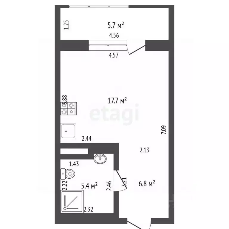 Студия Тюменская область, Тюмень ул. Евгения Войнова, 7 (36.3 м) - Фото 2