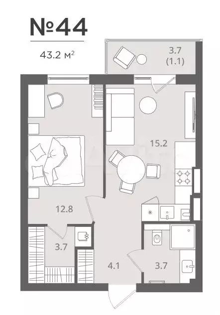 1-к. квартира, 43,2 м, 3/7 эт. - Фото 1