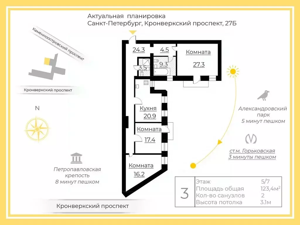 3-к кв. Санкт-Петербург Кронверкский просп., 27Б (123.4 м) - Фото 2