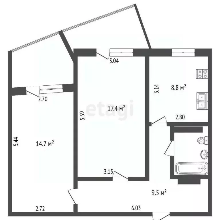 2-к кв. Челябинская область, Челябинск ул. Калмыкова, 16а (53.9 м) - Фото 1
