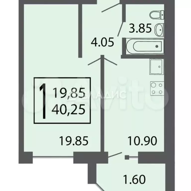 1-к. квартира, 39,7 м, 5/9 эт. - Фото 0