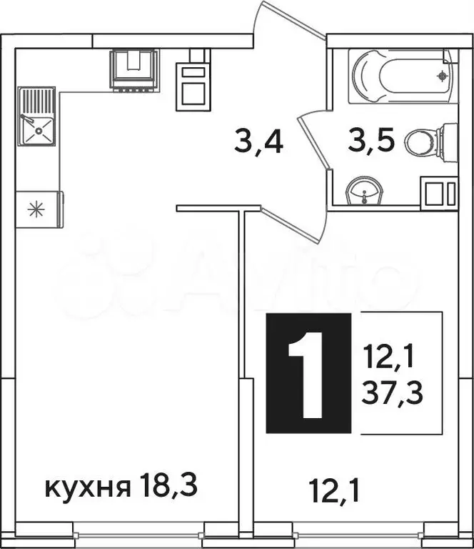 1-к. квартира, 37,3 м, 3/16 эт. - Фото 1