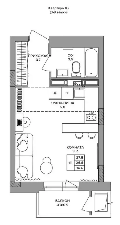 Квартира-студия: Пермь, улица Карпинского, 53Б (27.5 м) - Фото 1