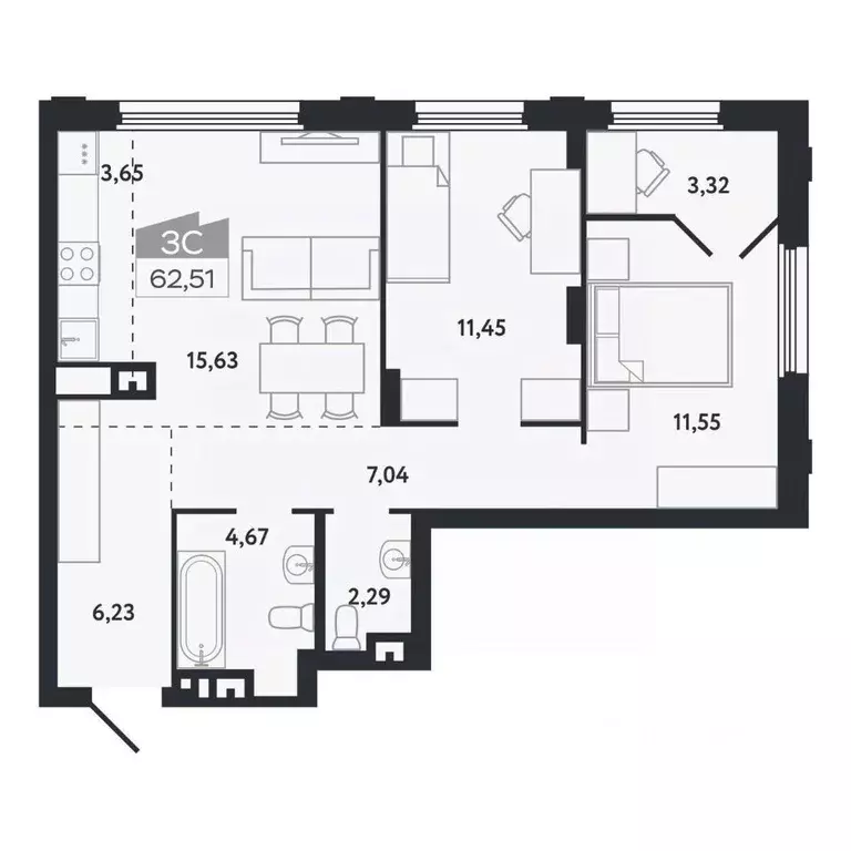 3-к кв. Томская область, Томск Черемошники мкр, ул. Бердская, 14/3 ... - Фото 1
