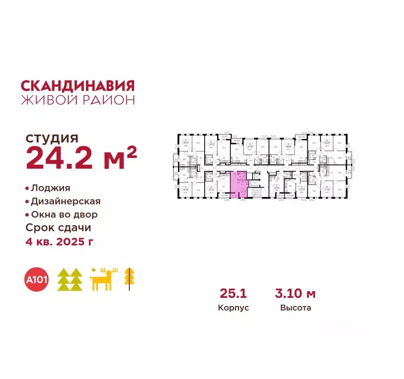 Студия Москва Скандинавия жилой комплекс, 25.1 (24.2 м) - Фото 0