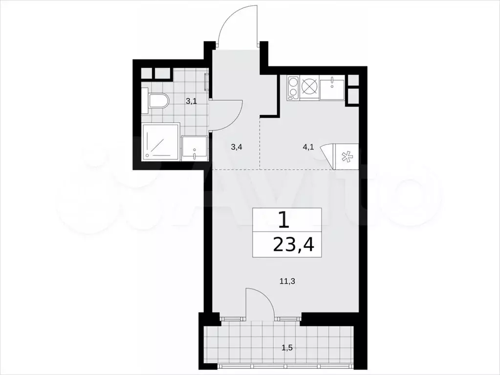 Квартира-студия, 23,4м, 12/15эт. - Фото 1