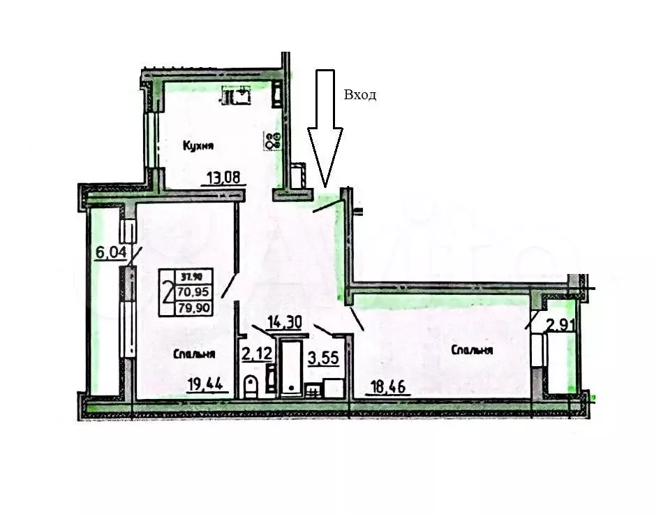 2-к. квартира, 72 м, 3/6 эт. - Фото 0