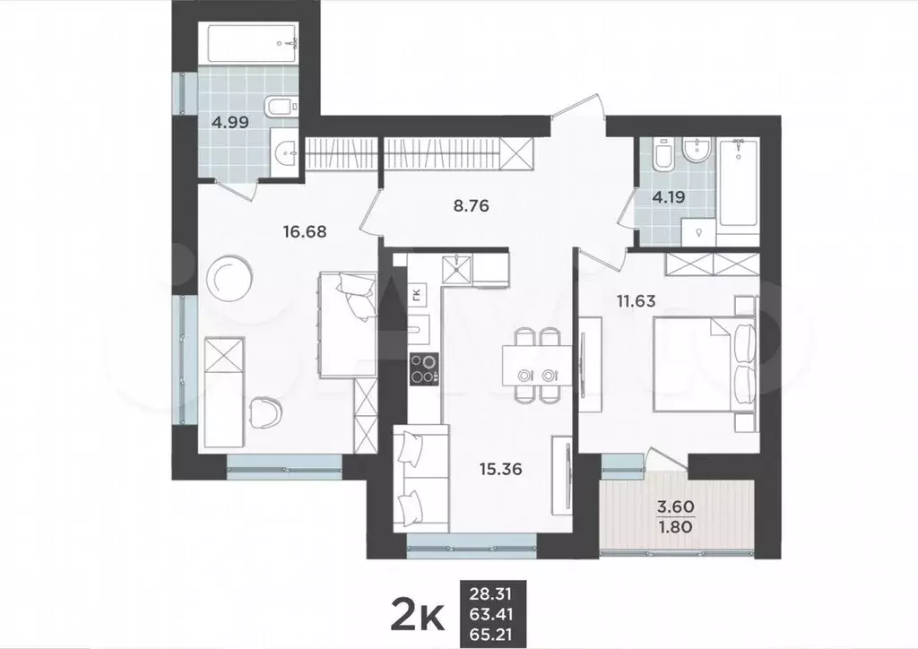 2-к. квартира, 63,4 м, 2/9 эт. - Фото 1