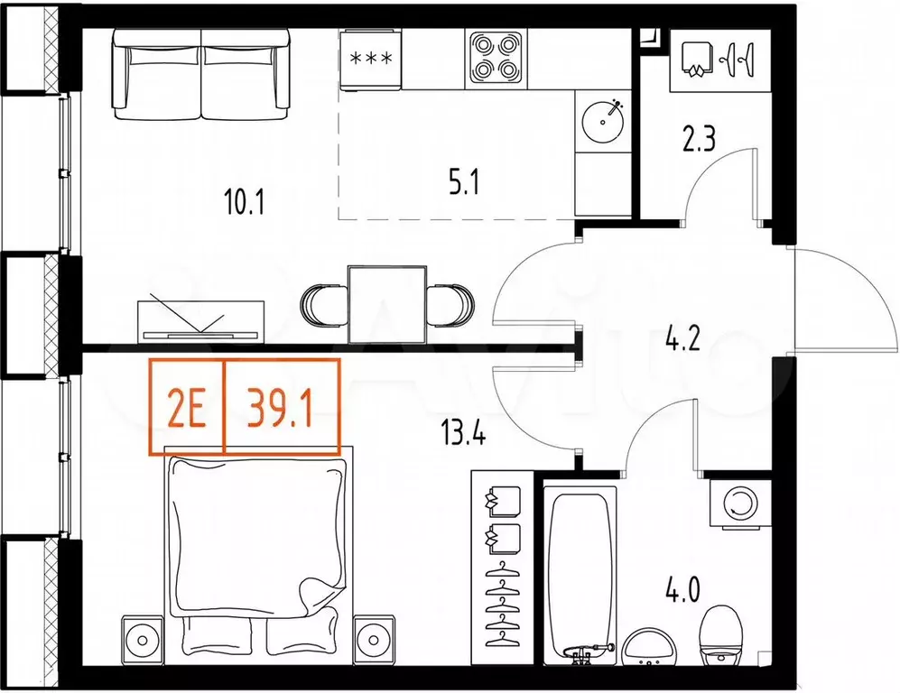 2-к. квартира, 39,1м, 5/9эт. - Фото 1