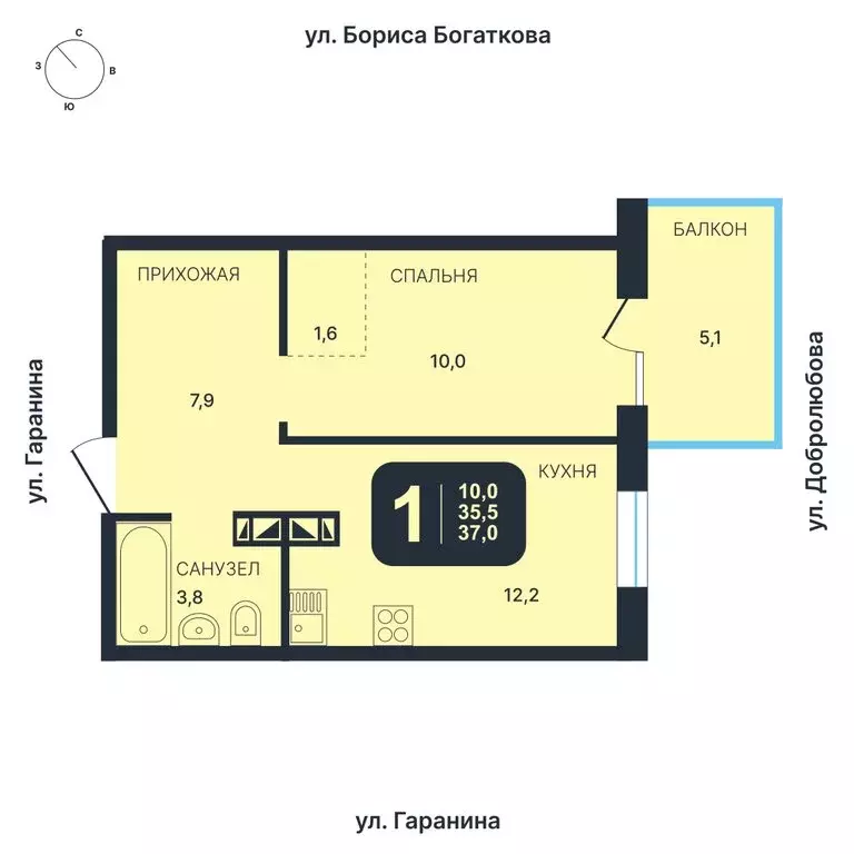 1-комнатная квартира: Новосибирск, ул. Гаранина (37 м) - Фото 0