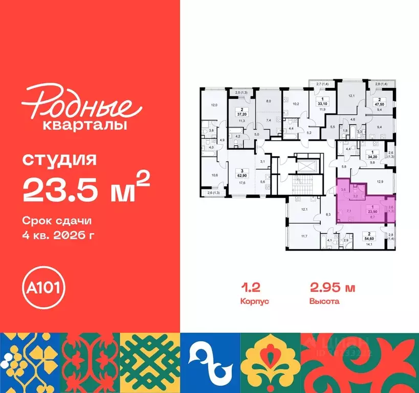 Студия Москва Родные кварталы жилой комплекс, 1.2 (23.5 м) - Фото 1