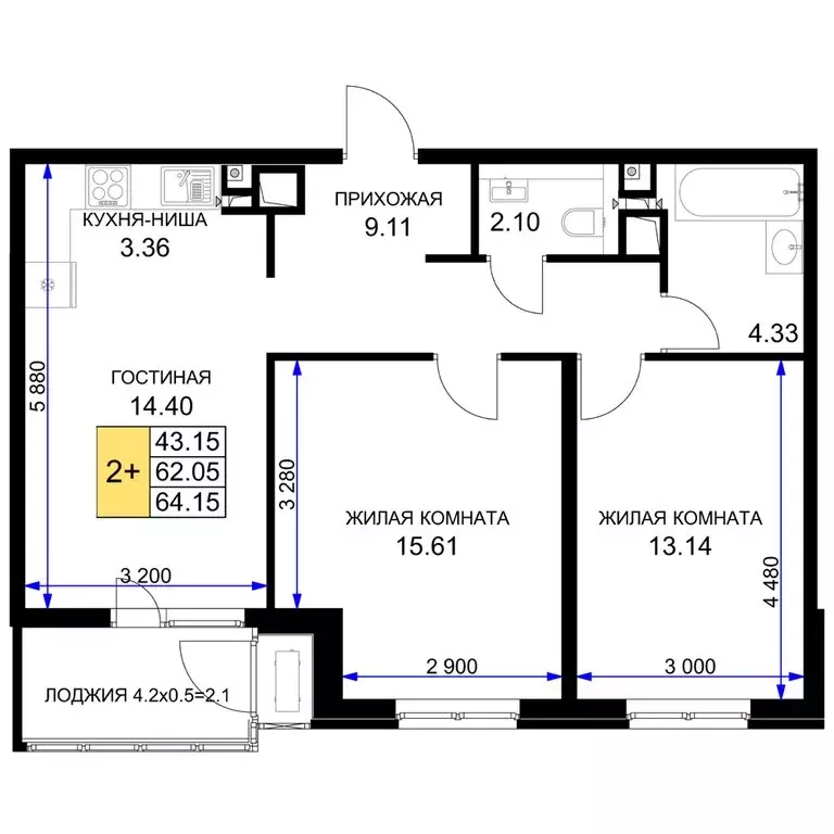 2-комнатная квартира: Краснодар (64.15 м) - Фото 0