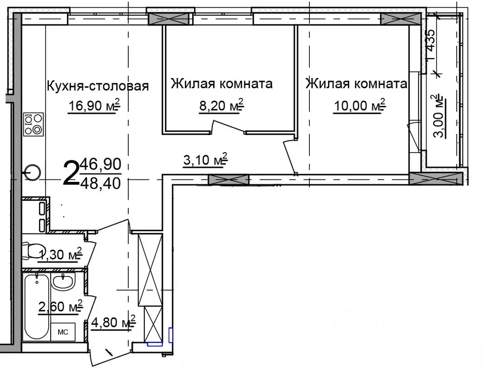 2-к кв. Нижегородская область, Нижний Новгород 52-й кв-л,  (48.4 м) - Фото 0