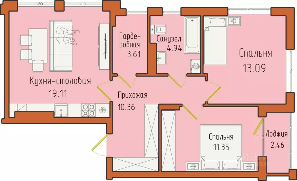 2-к кв. Калининградская область, Светлогорск пос. Отрадное,  (64.92 м) - Фото 0