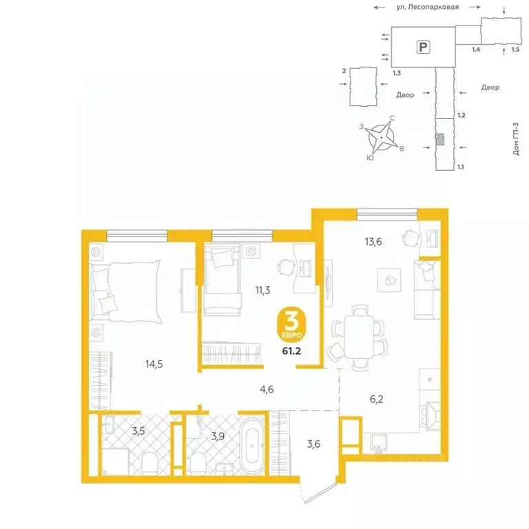 3-к кв. Тюменская область, Тюмень ул. Лесопарковая, 22 (61.2 м) - Фото 0