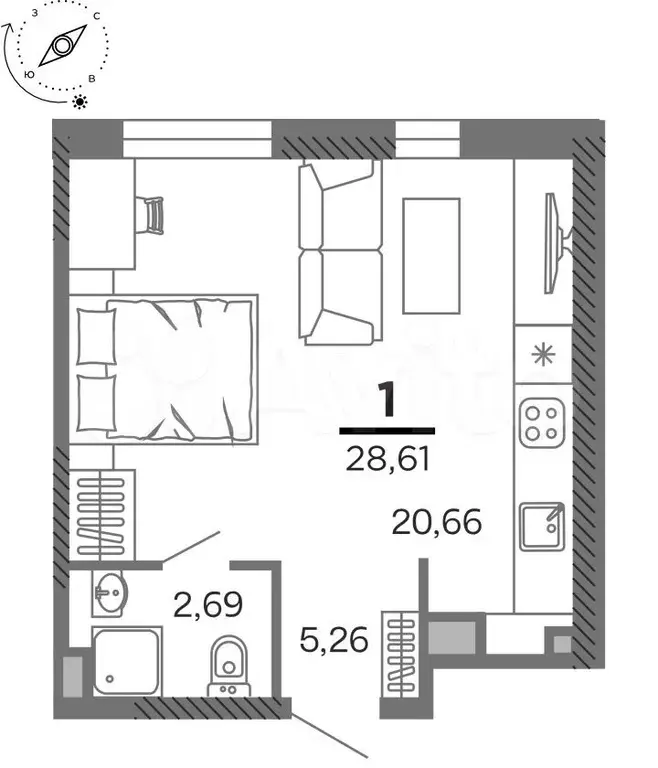 1-к. квартира, 28,6 м, 6/25 эт. - Фото 1
