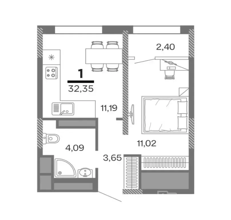 1-комнатная квартира: Рязань (32.35 м) - Фото 1