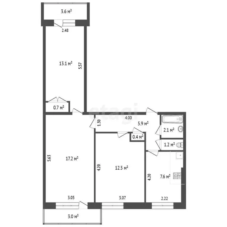 Квартира, 3 комнаты, 60.7 м - Фото 0