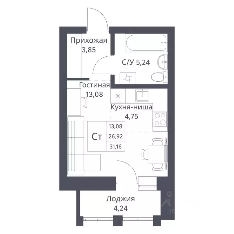 Студия Новосибирская область, Новосибирск Игарская ул., 40/1 (26.92 м) - Фото 0