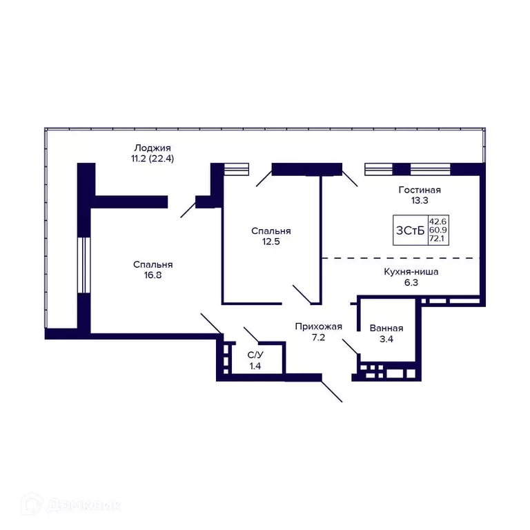 Продаётся квартира-студия, 72.1 м - Фото 0