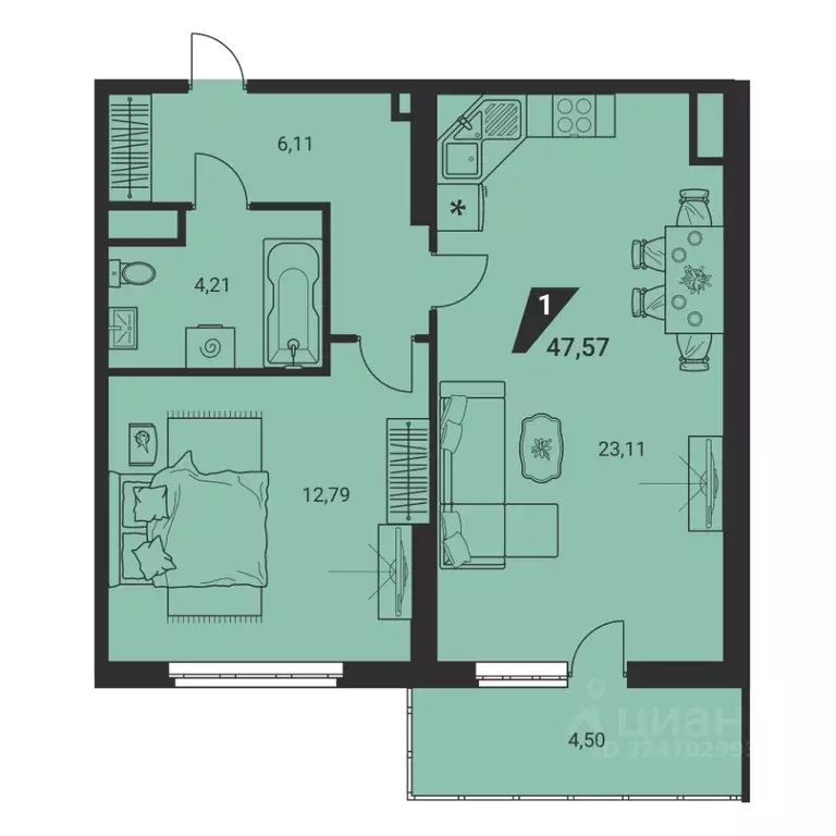 2-к кв. Свердловская область, Екатеринбург ул. Громова, 26/3 (47.57 м) - Фото 1