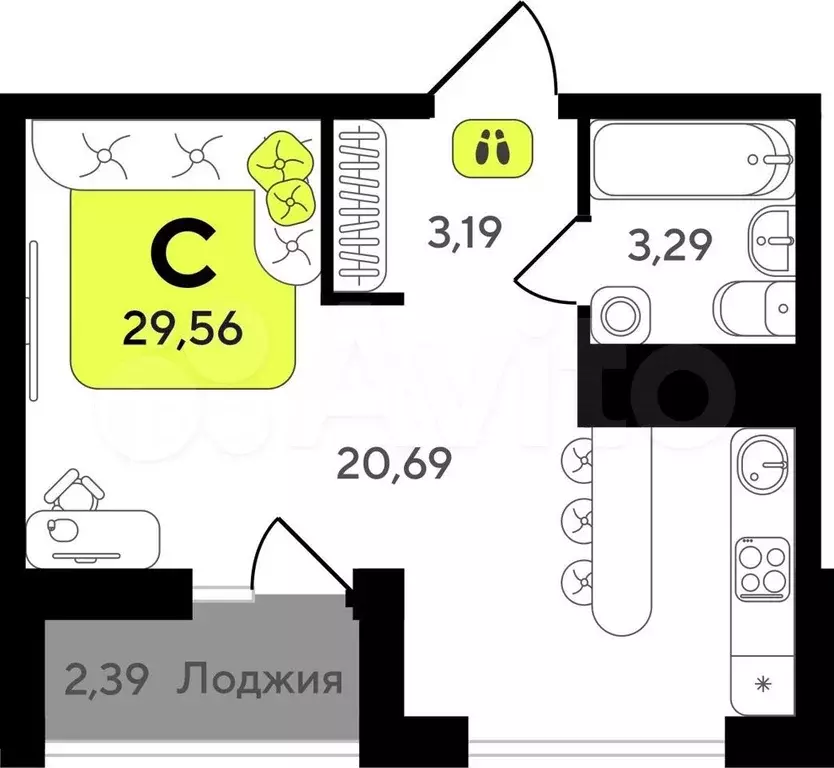 Квартира-студия, 29,6 м, 11/19 эт. - Фото 1