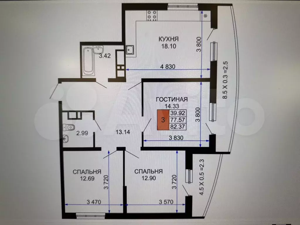 3-к. квартира, 84 м, 12/24 эт. - Фото 0
