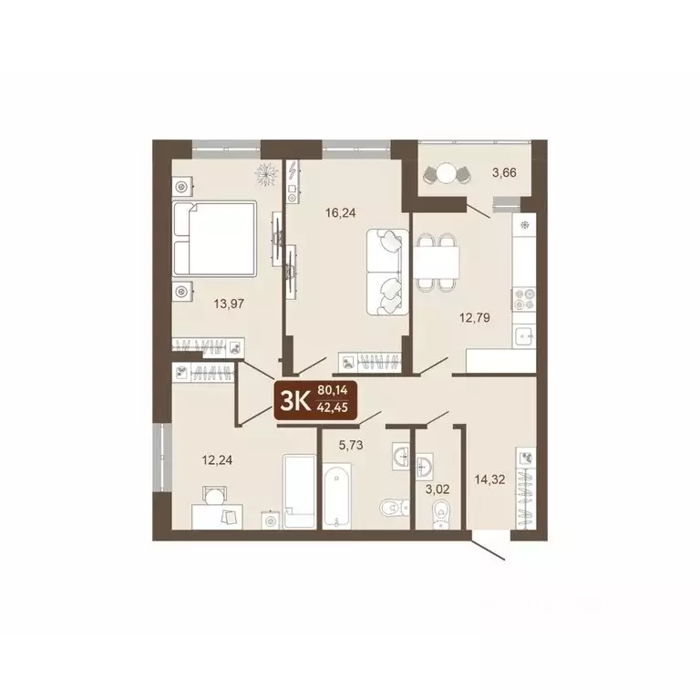 3-к кв. Кемеровская область, Кемерово 58В мкр, 1 (80.14 м) - Фото 0