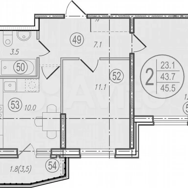 2-к. квартира, 44,9 м, 2/9 эт. - Фото 0