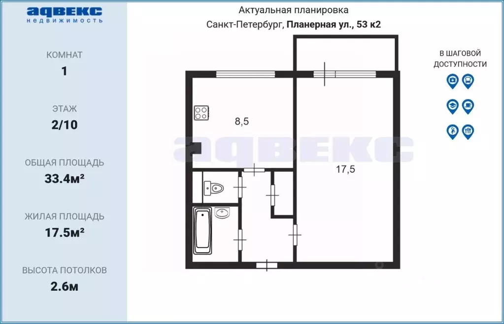 1-к кв. Санкт-Петербург Планерная ул., 53К2 (33.4 м) - Фото 2