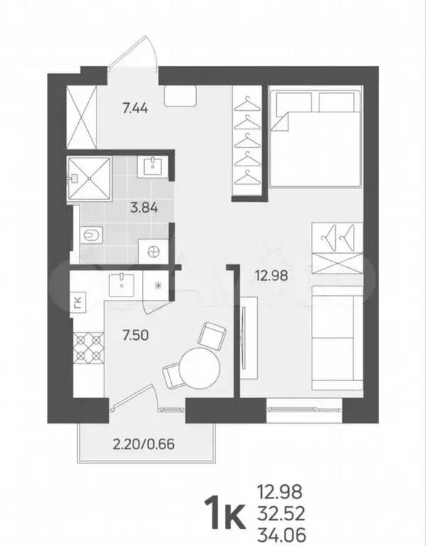 1-к. квартира, 32,5м, 3/3эт. - Фото 1