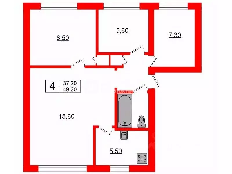 4-к кв. Санкт-Петербург просп. Ветеранов, 25 (49.2 м) - Фото 1