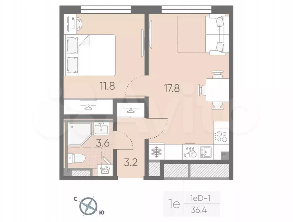 1-к. квартира, 36,4 м, 2/4 эт. - Фото 0
