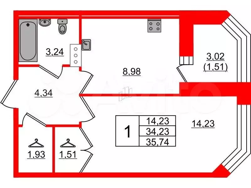 1-к. квартира, 35,7 м, 4/9 эт. - Фото 0