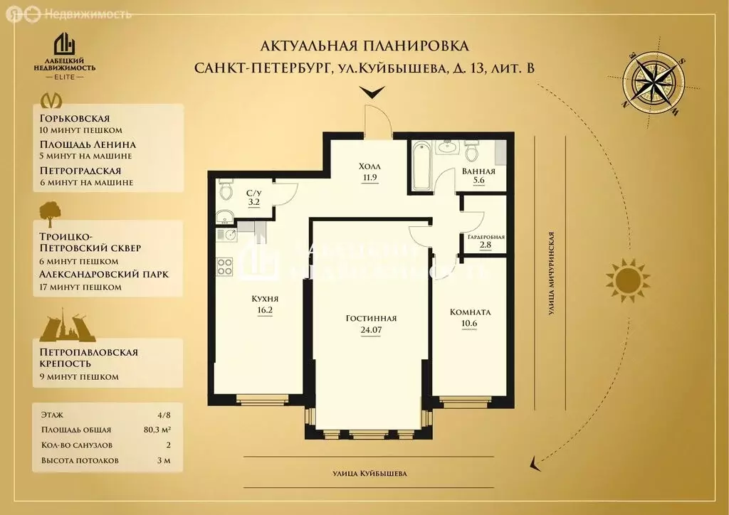 2-комнатная квартира: Санкт-Петербург, улица Куйбышева, 13 (80.3 м) - Фото 1