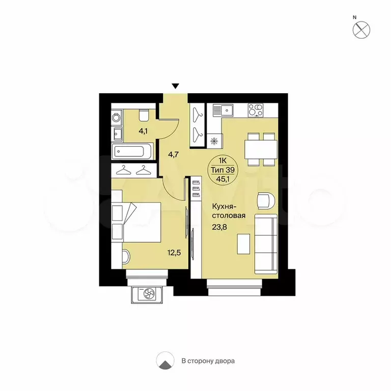 1-к. квартира, 45 м, 3/9 эт. - Фото 0