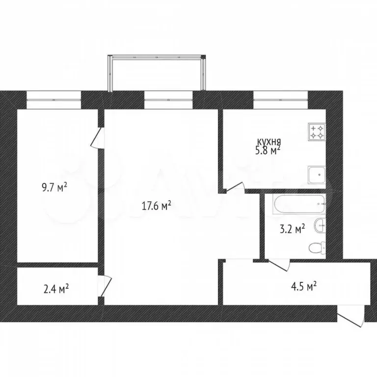 2-к. квартира, 44,6 м, 4/5 эт. - Фото 0