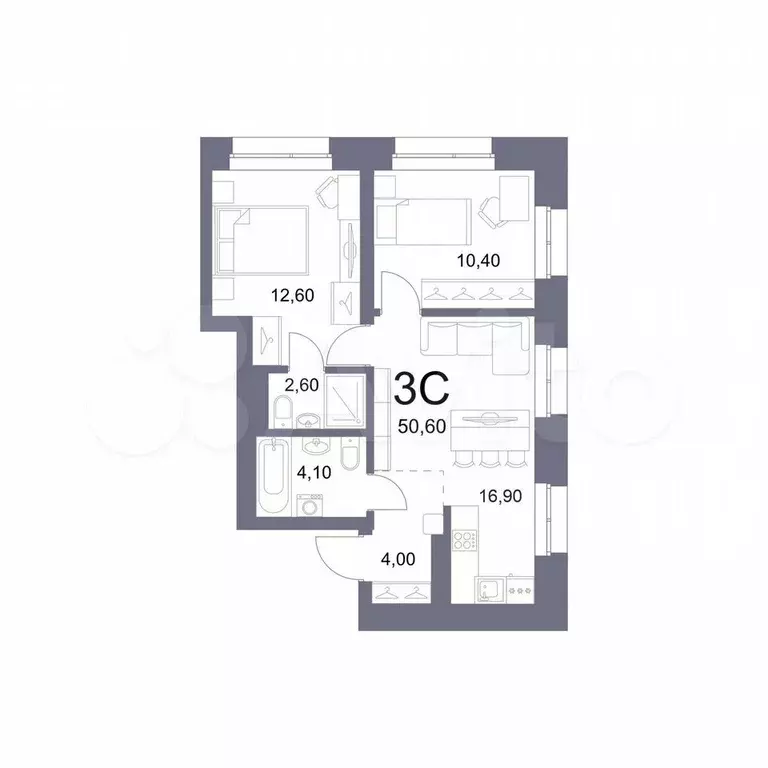 3-к. квартира, 50,6 м, 3/29 эт. - Фото 0
